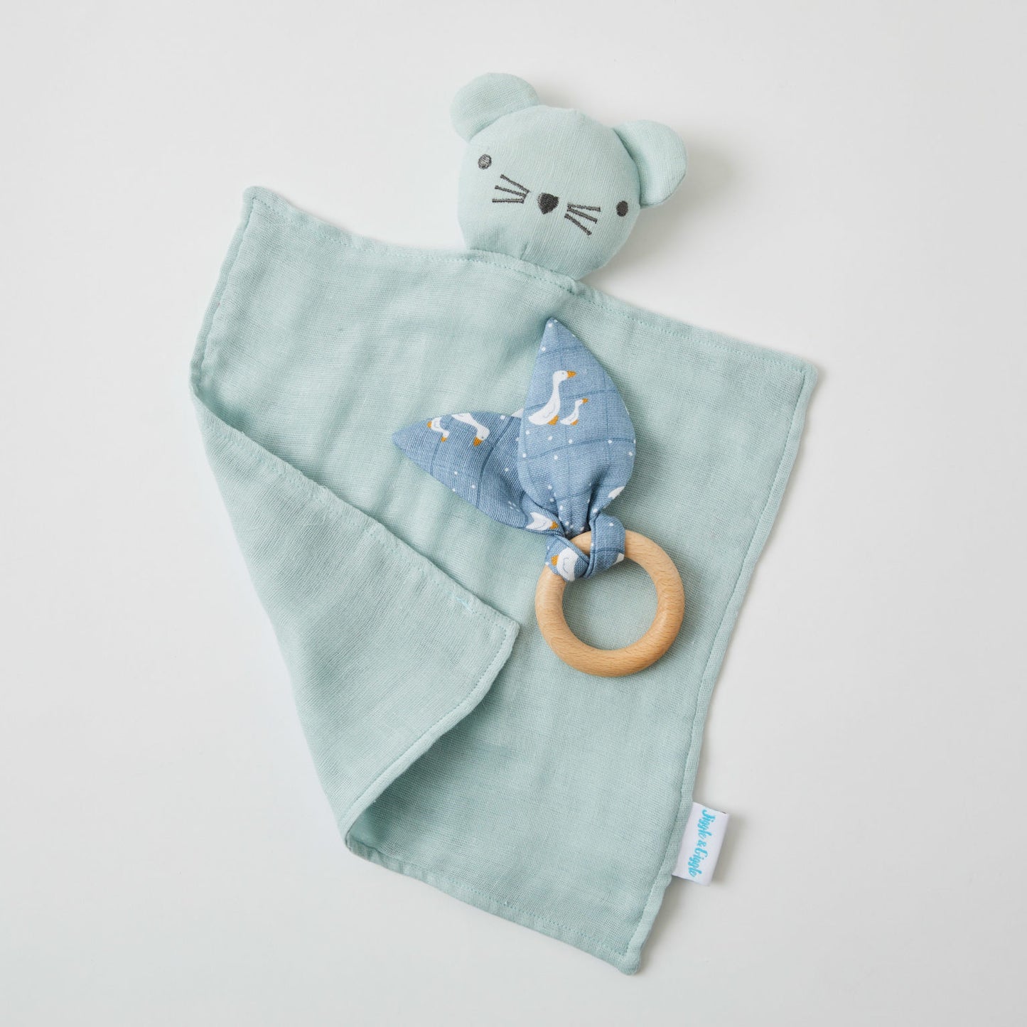 Misty Blue Muslin Comforter Blanket & Wooden Teether