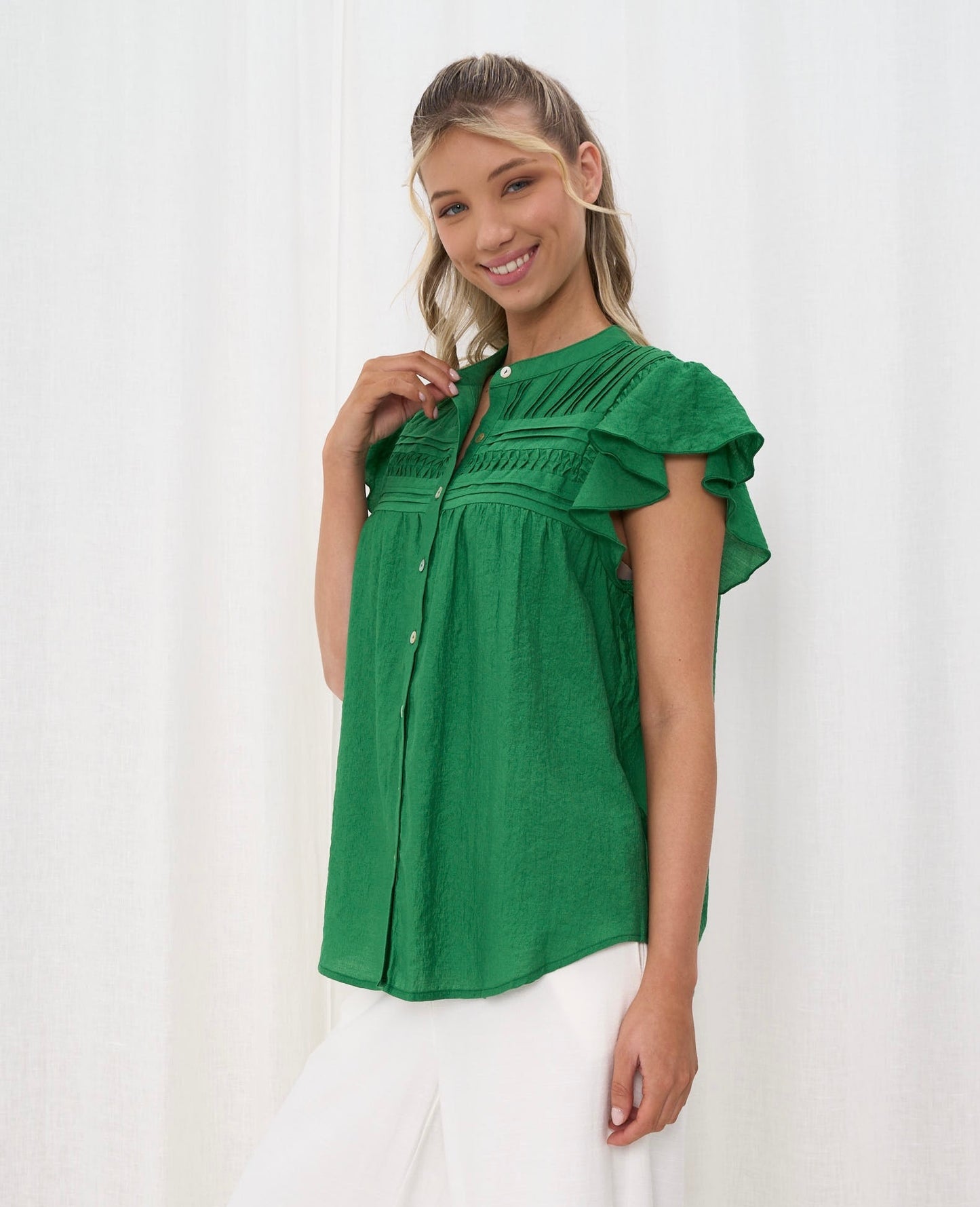 Petra Pleat Shirt | Green/Emerald