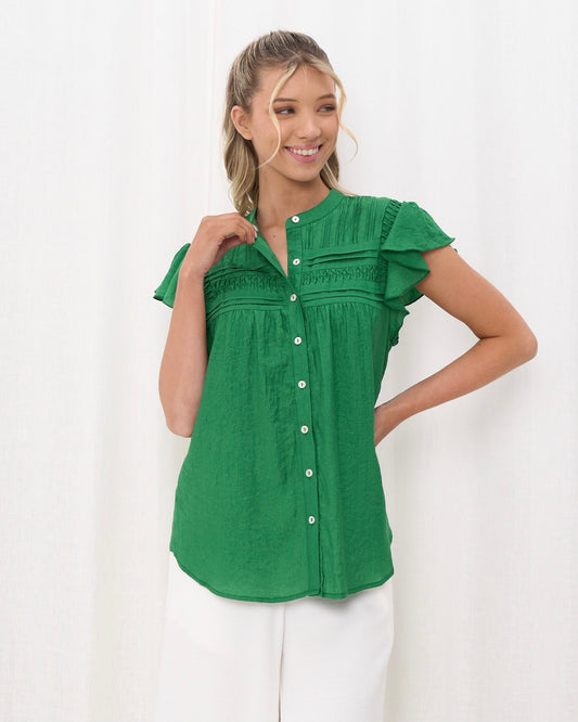 Petra Pleat Shirt | Green/Emerald