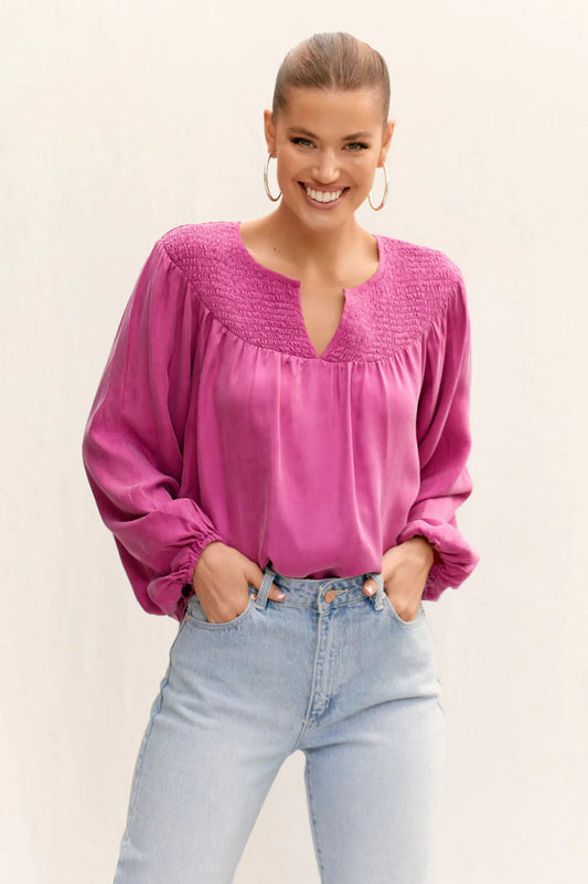 Adley Shirring Neck Cupro Top | Purple